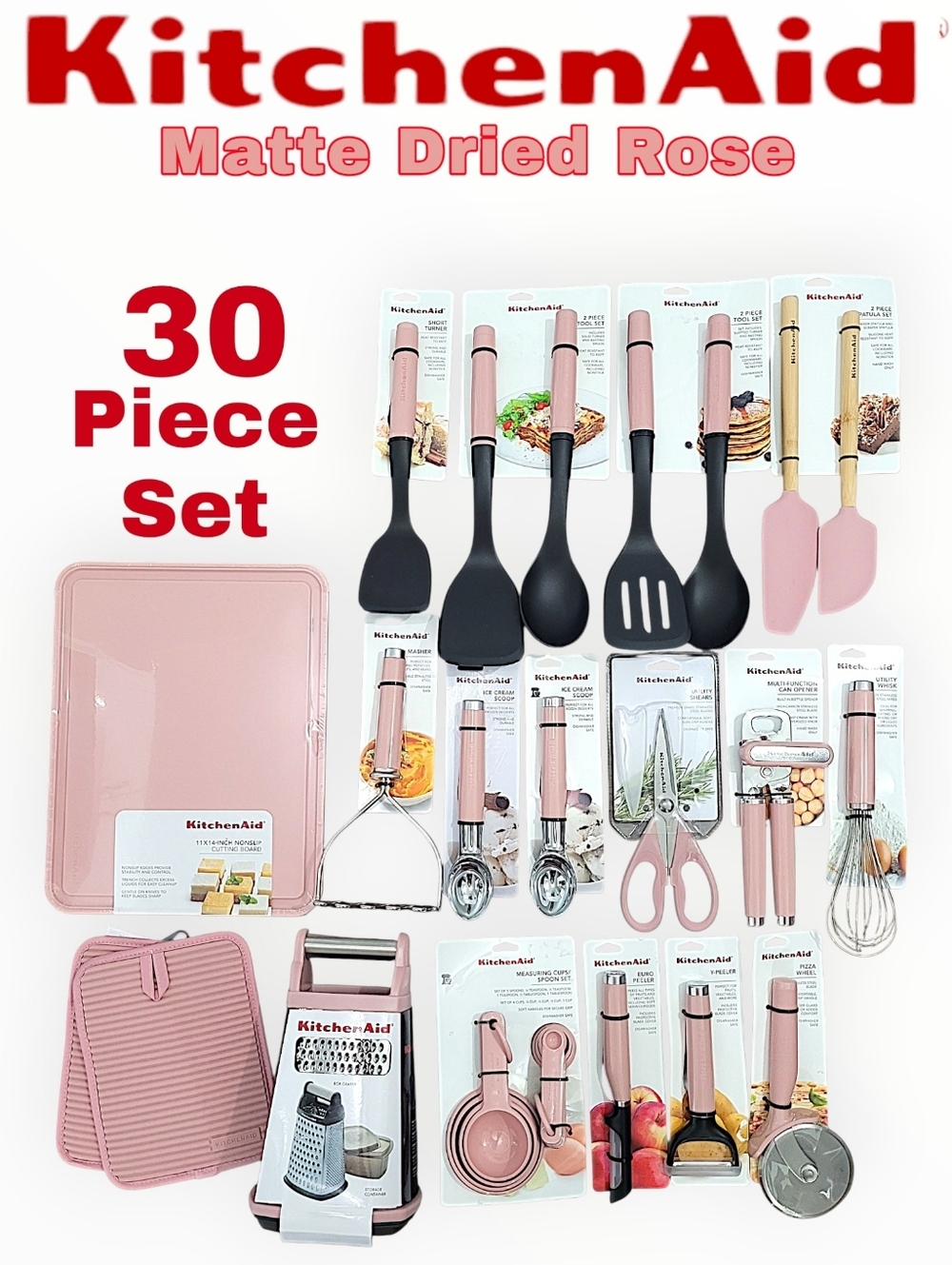 KitchenAid Matte-Dried-Rose 30-Piece Utensil Set Pink Kitchen Tools Bundle